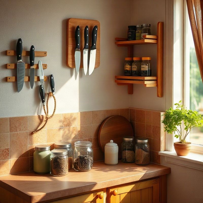 Neatly organised small Kenyan kitchen counter with tiered spice shelf and magnetic knife strip