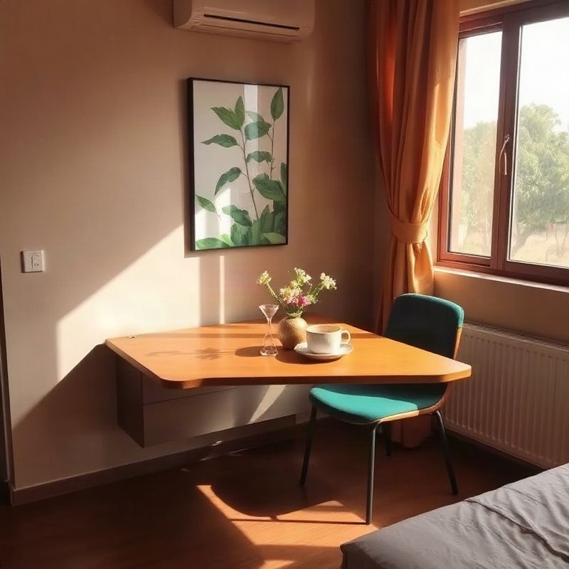 Compact Thika studio flat with a fold-down wall dining table and emerald botanical accents