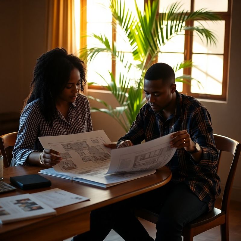 Two people reviewing home layout sketches at a wooden desk in Thika morning light