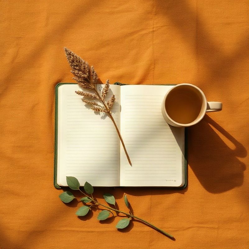 Editorial flat-lay of notebook, dried botanical sprig, and ceramic mug on ochre linen