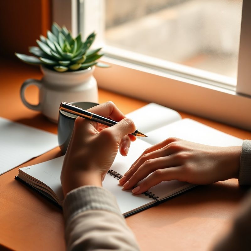 Hand writing in a notebook beside a ceramic cup and emerald succulent on a warm desk